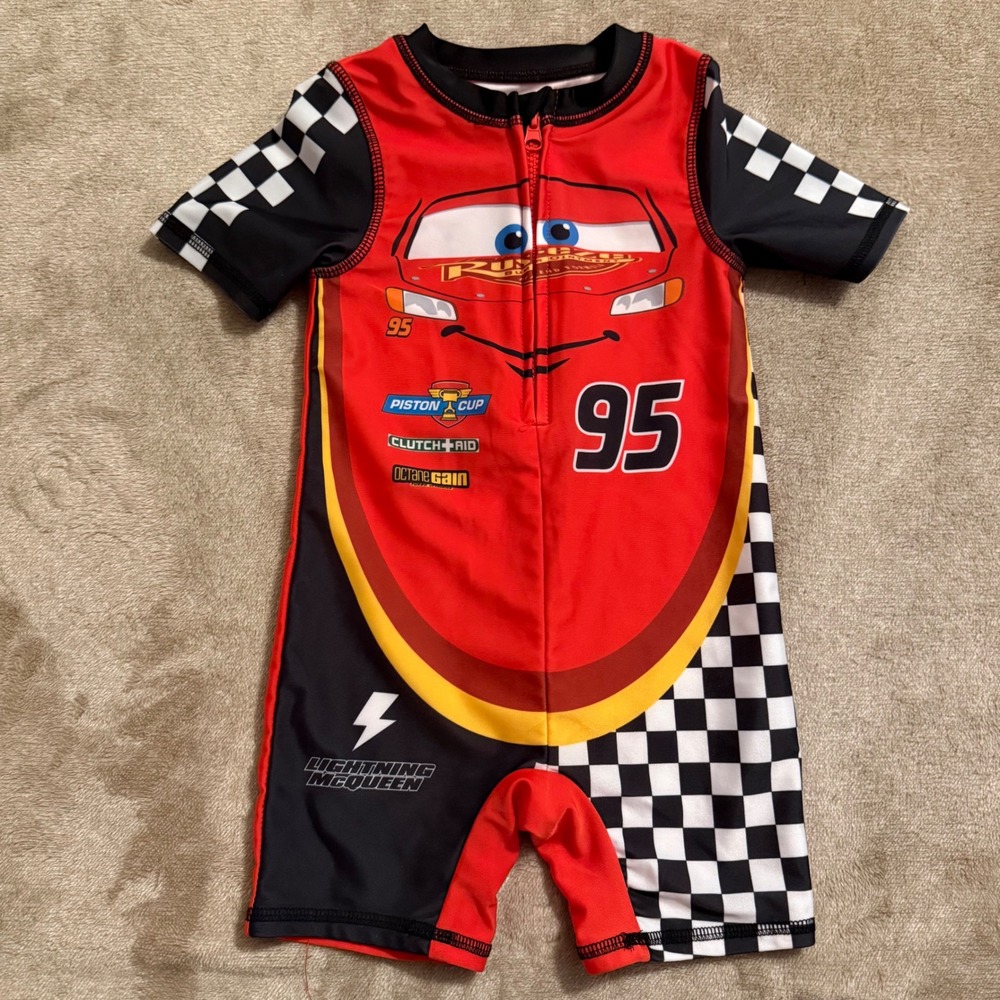 Disney Pixar Cars Lightning McQueen Toddler Boys Red Swimsuit Rash Guard 2T